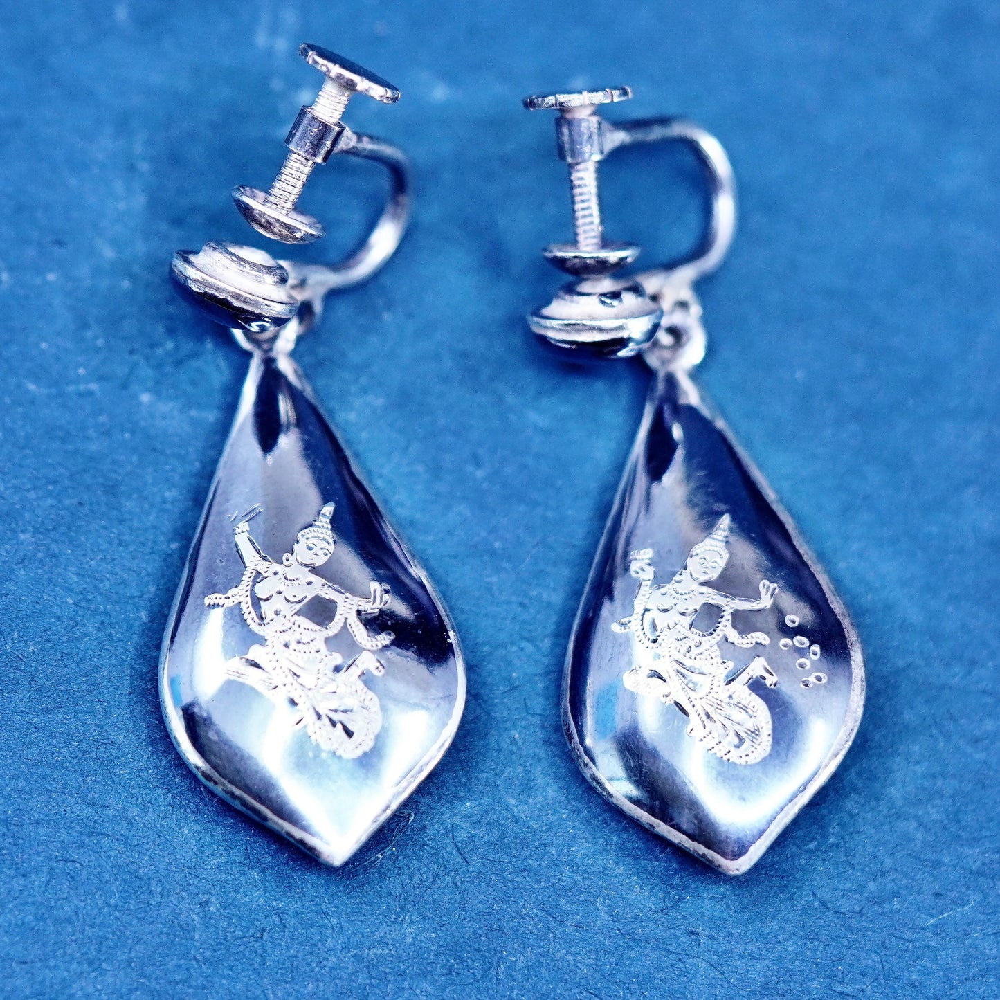 oxidized Sterling silver earrings, 925 screw back with Indian goddess teardrop