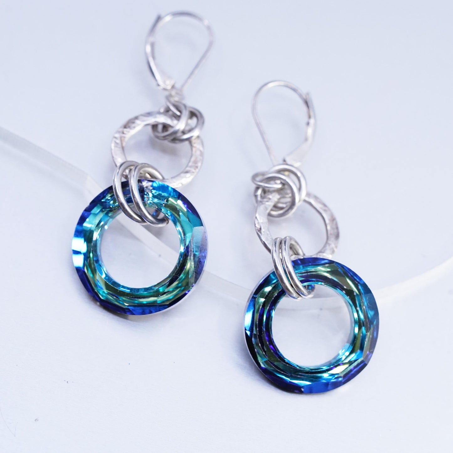 Vintage Sterling 925 silver handmade entwined circle earrings blue AB crystal