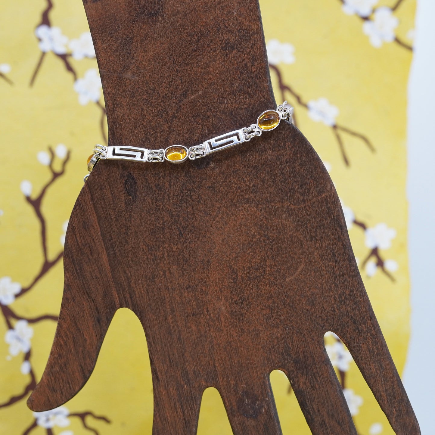 7.5”, vintage Sterling 925 silver handmade Greek key pattern bracelet w/ amber
