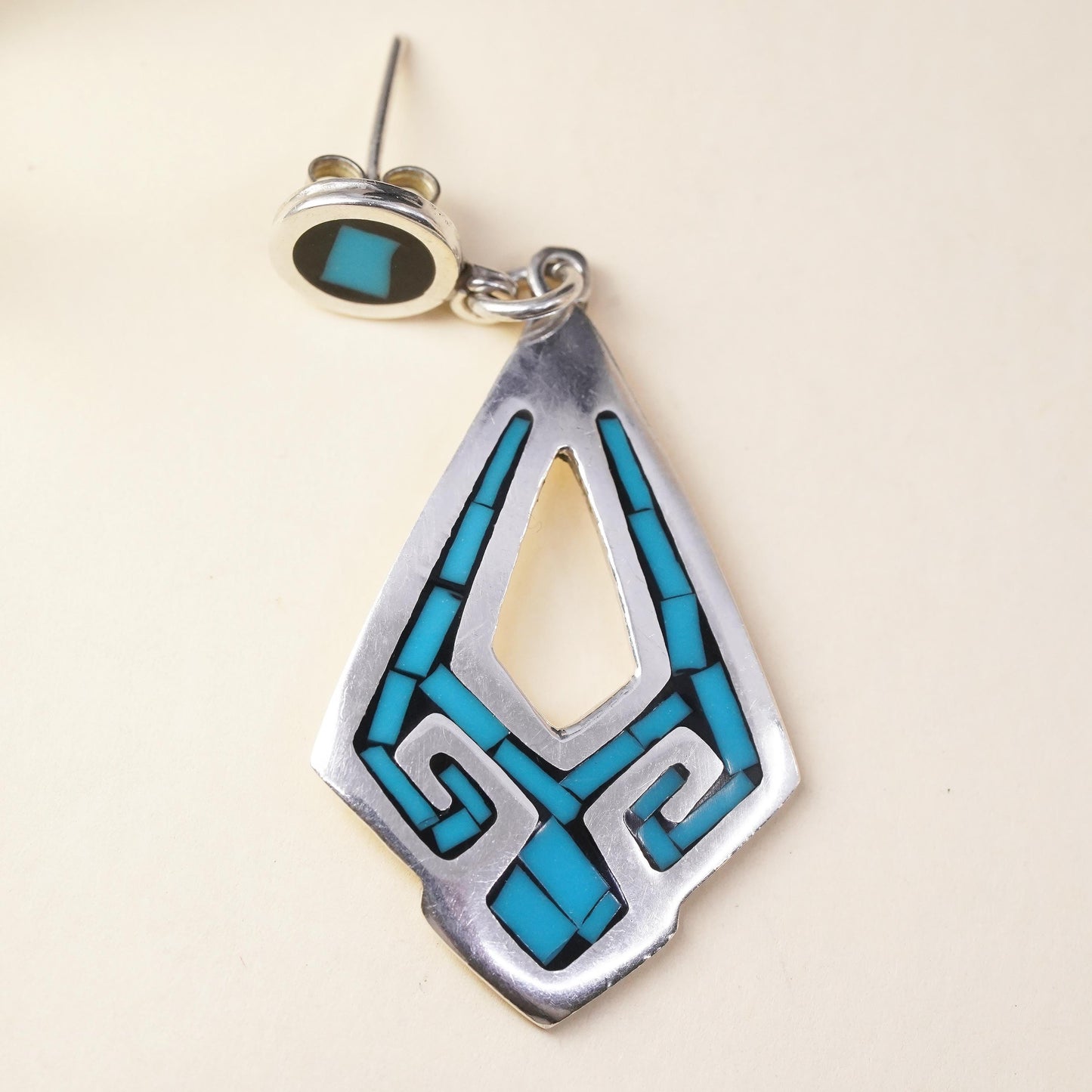 Vintage Mexican sterling 925 silver handmade single teardrop earring turquoise
