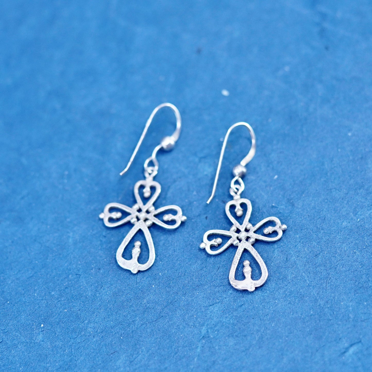 Vintage Sterling silver handmade earrings, 925 Bali filigree cross drops