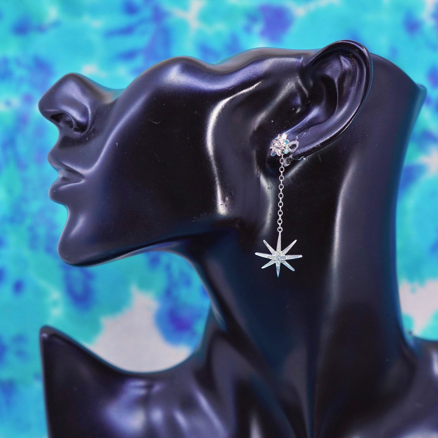 Vintage Sterling Silver handmade Earrings. 925 star dangles with cz