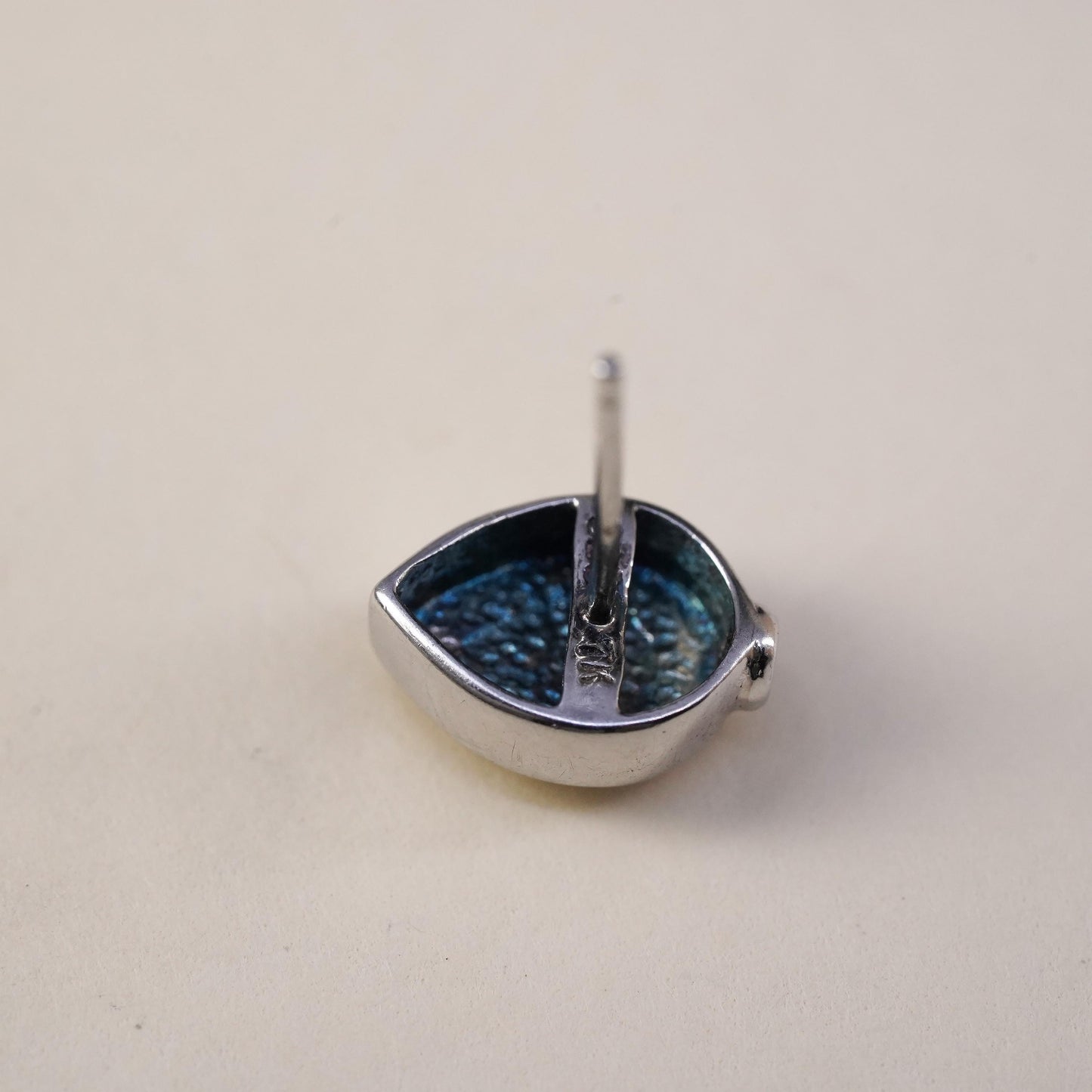 Vintage handmade single earring. Sterling 925 silver teardrop stud with opal
