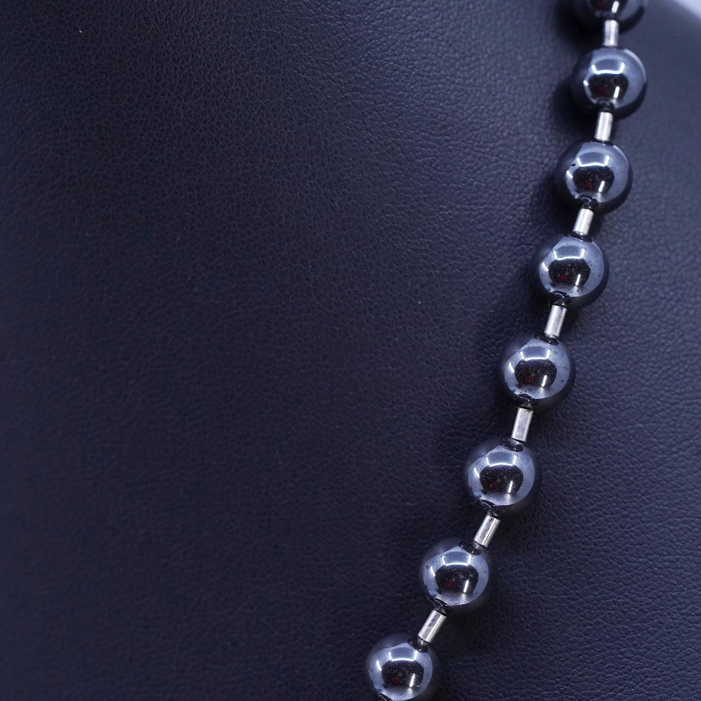 17" 7mm, Vintage Sterling 925 silver handmade necklace with hematite beads
