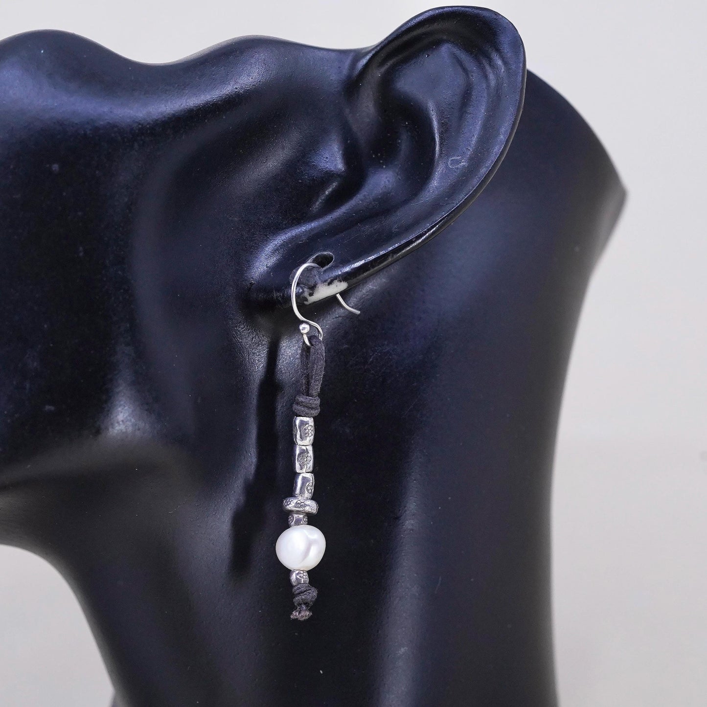 Vintage 925 Sterling Silver Leather Textured Earrings with pearl beads
