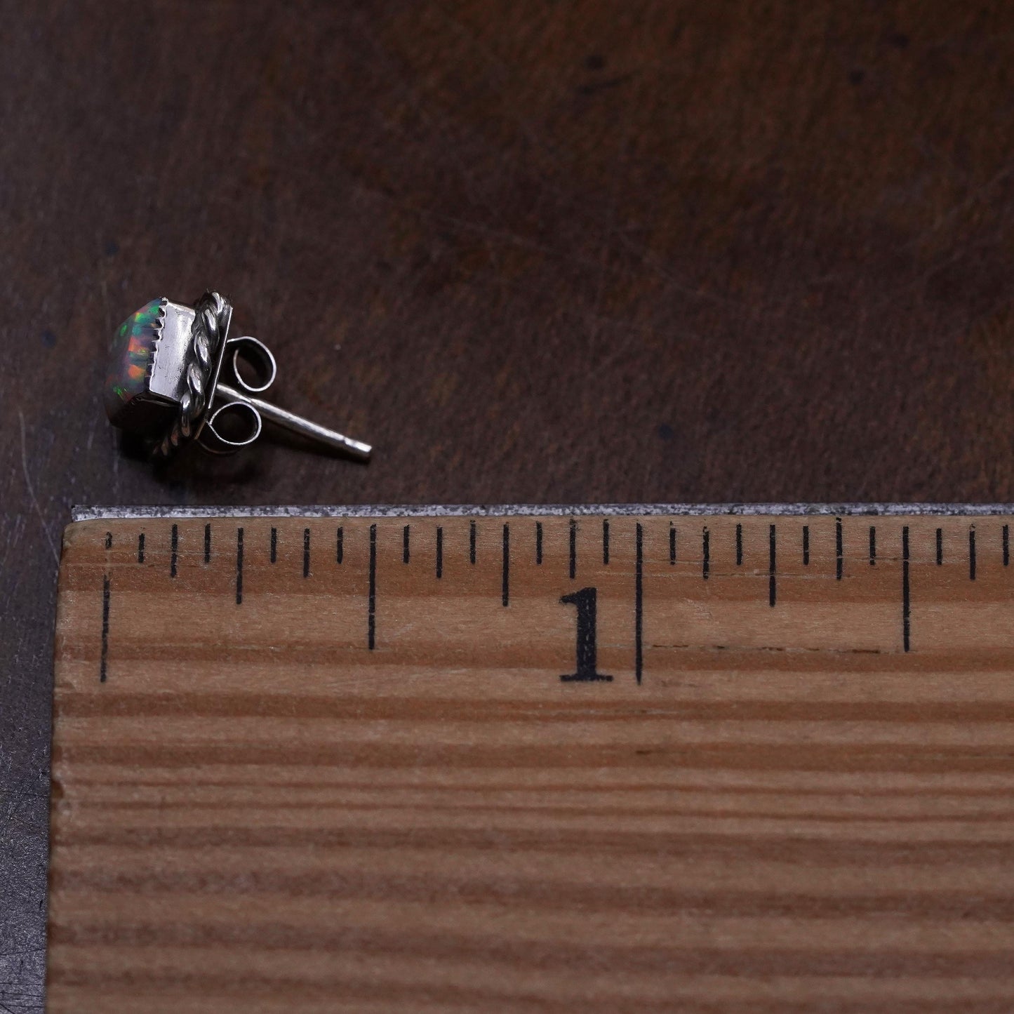 Vintage handmade single earring. Sterling 925 silver square stud with opal