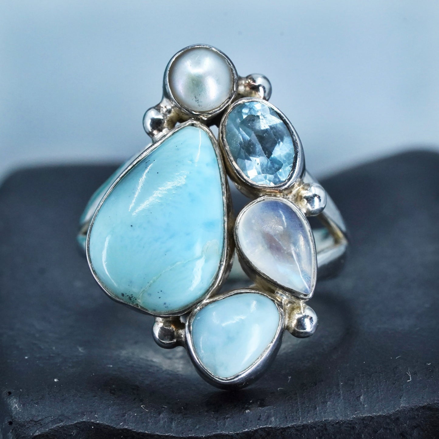 Size 8.75, vintage Sterling 925 silver ring with Larimar, moonstone and pearl