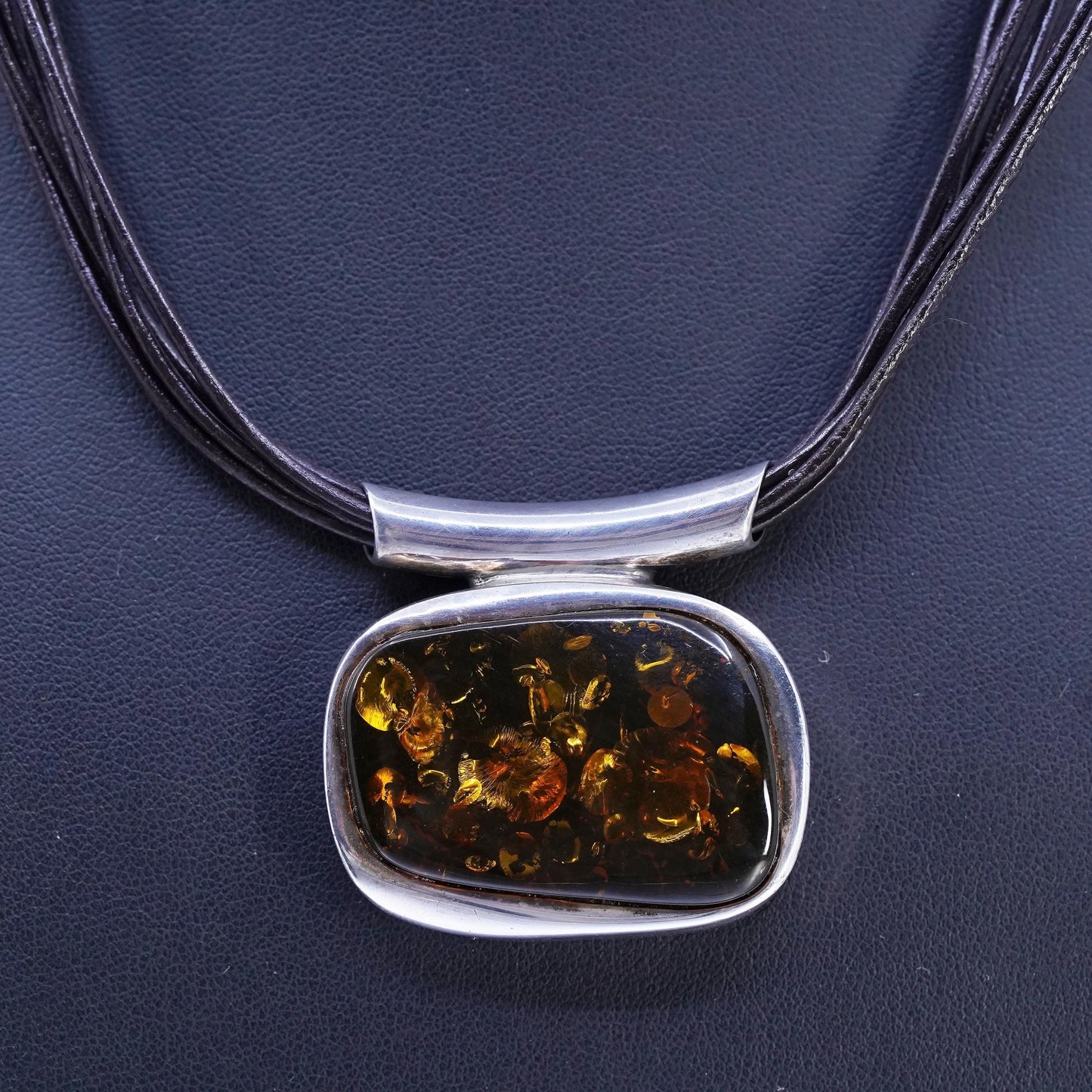 16", VTG Sterling 925 Silver multi strands black Leather Necklace Amber pendant