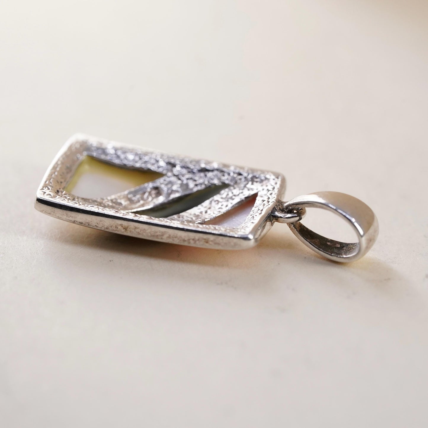 Vintage sterling 925 silver rectangular pendant mother of pearl abalone inlay
