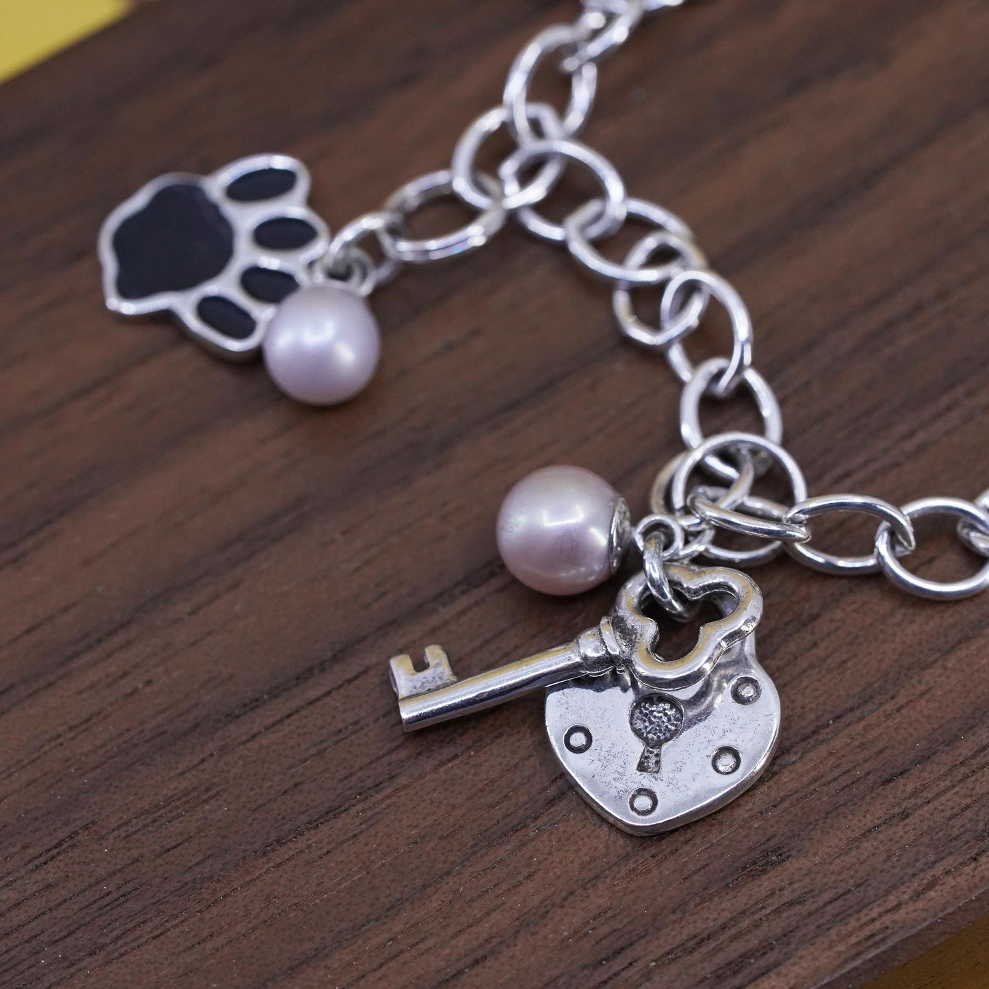 7.5” Sterling silver bracelet, 925 oval chain pearl heart lock key paw charms