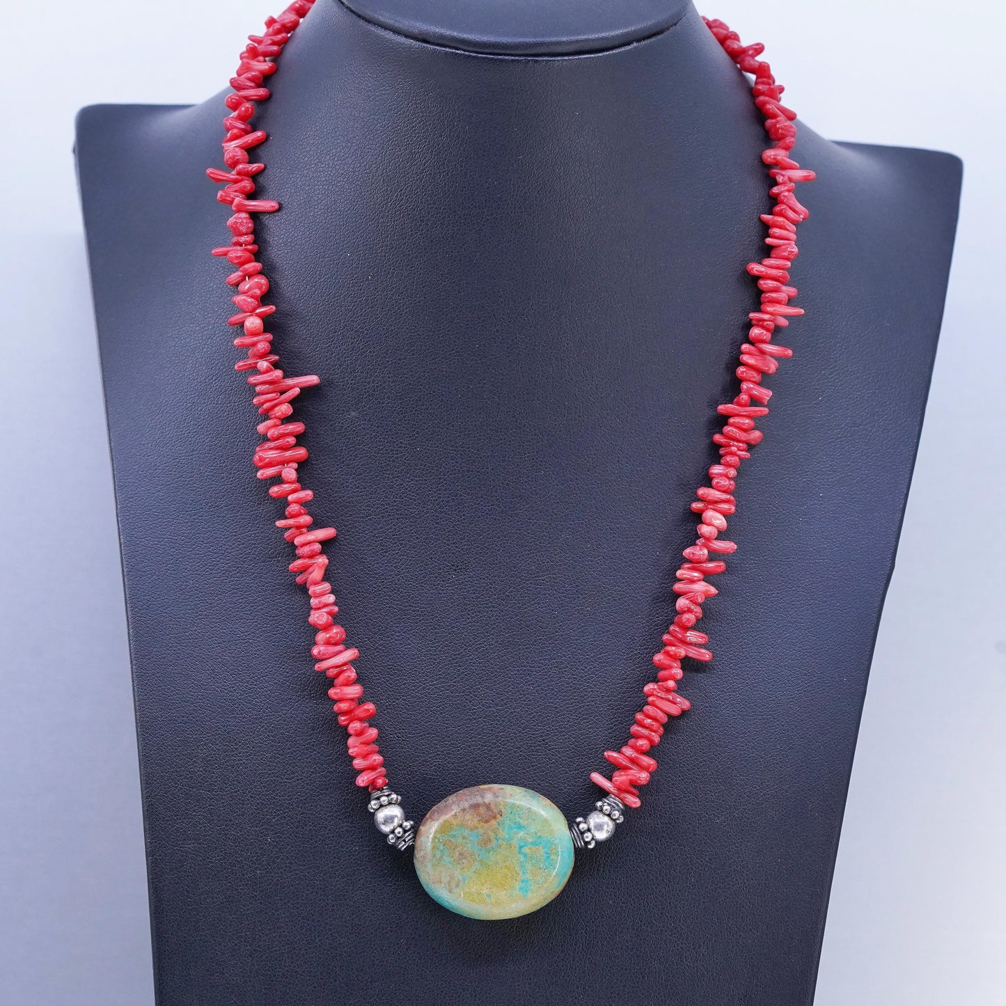 16+2", Native American Sterling 925 silver turquoise necklace with coral beads