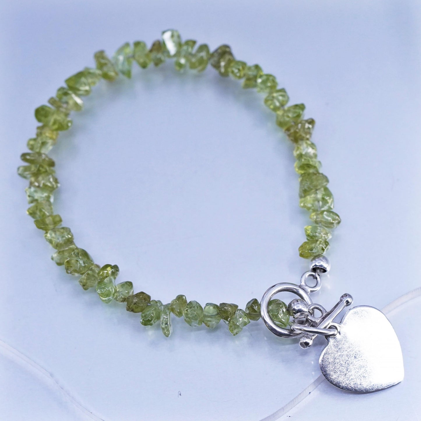 6.75", Sterling 925 Silver peridot Bead Bracelet heart charm toggle closure