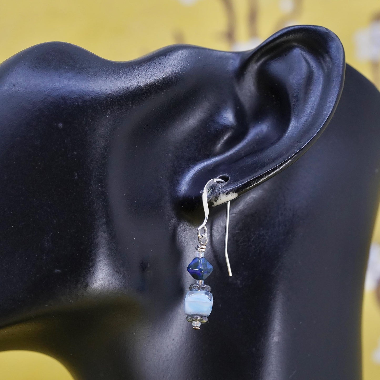 Vintage sterling 925 silver handmade earrings with lapis lazuli glass bead