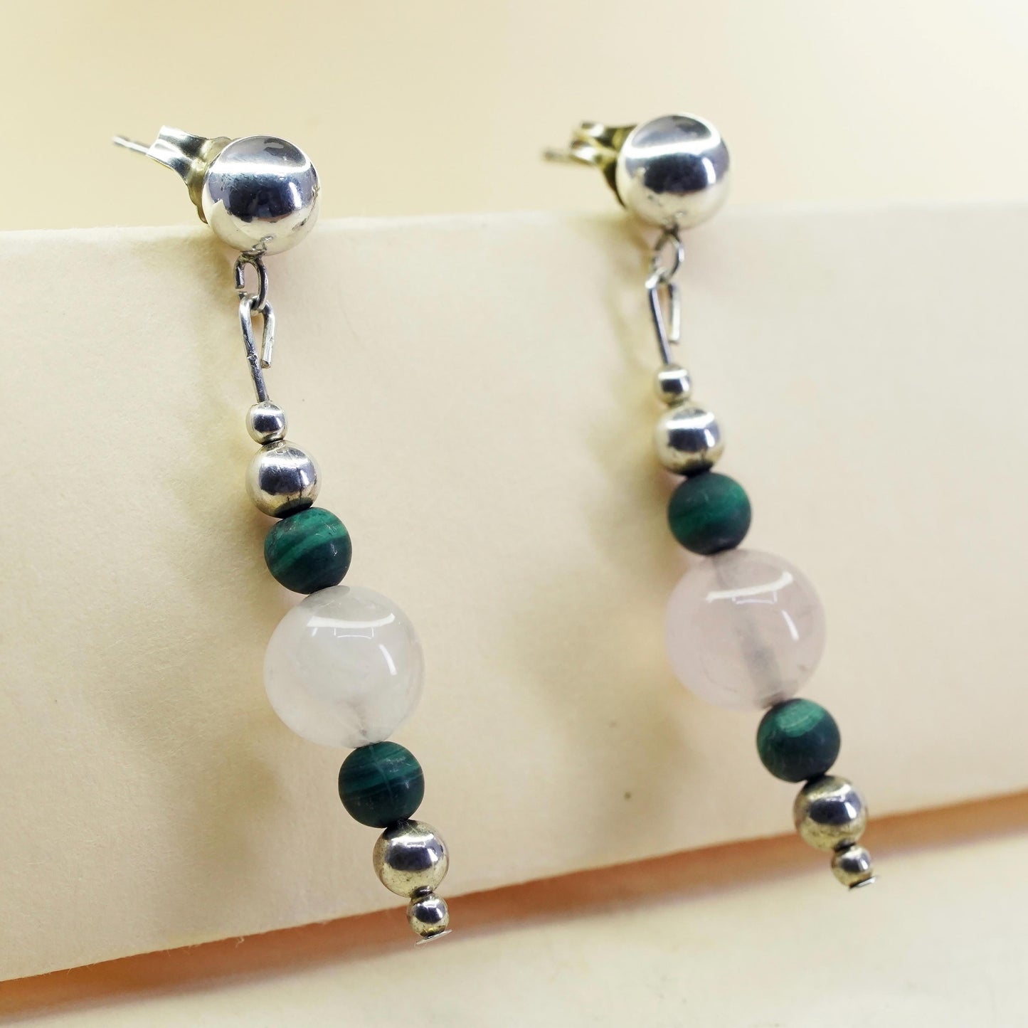 Vintage Sterling 925 silver handmade earrings with pink quartz malachite beads