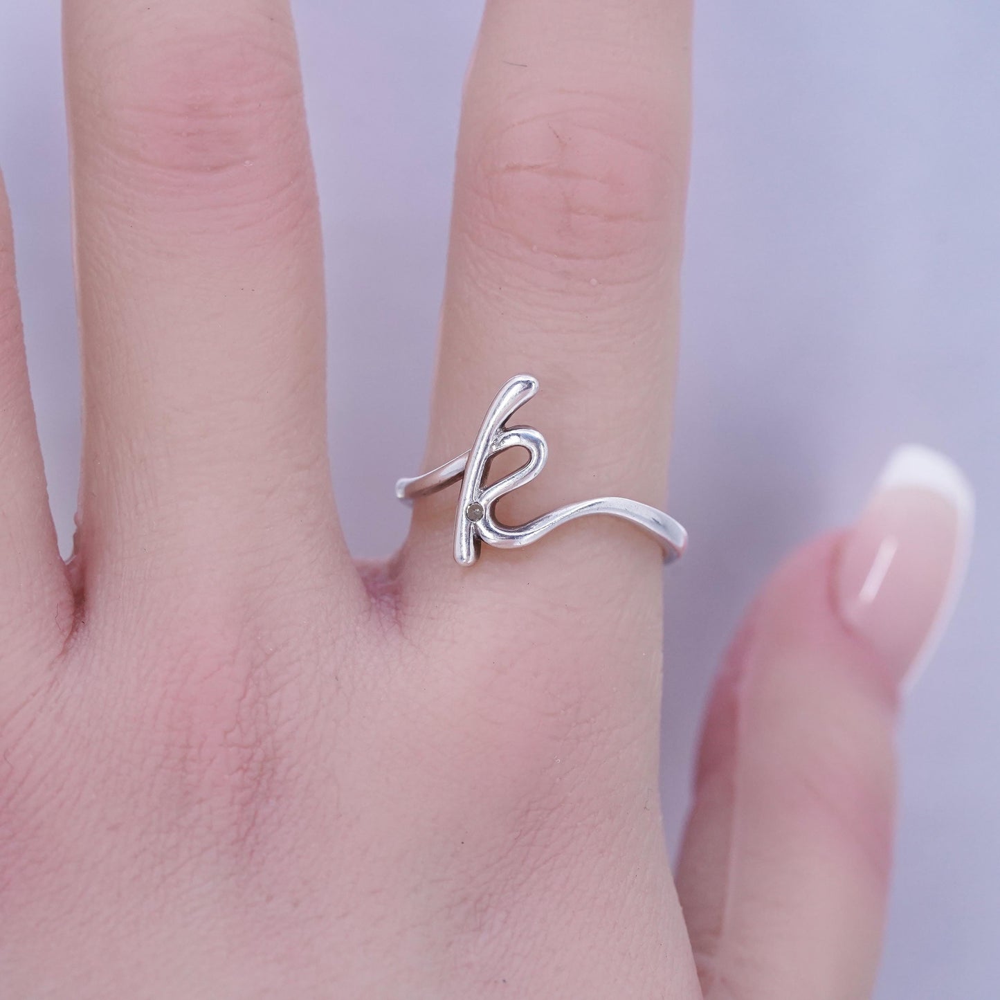 Size adjustable, Sterling 925 silver stackable ring, initial letter K diamond