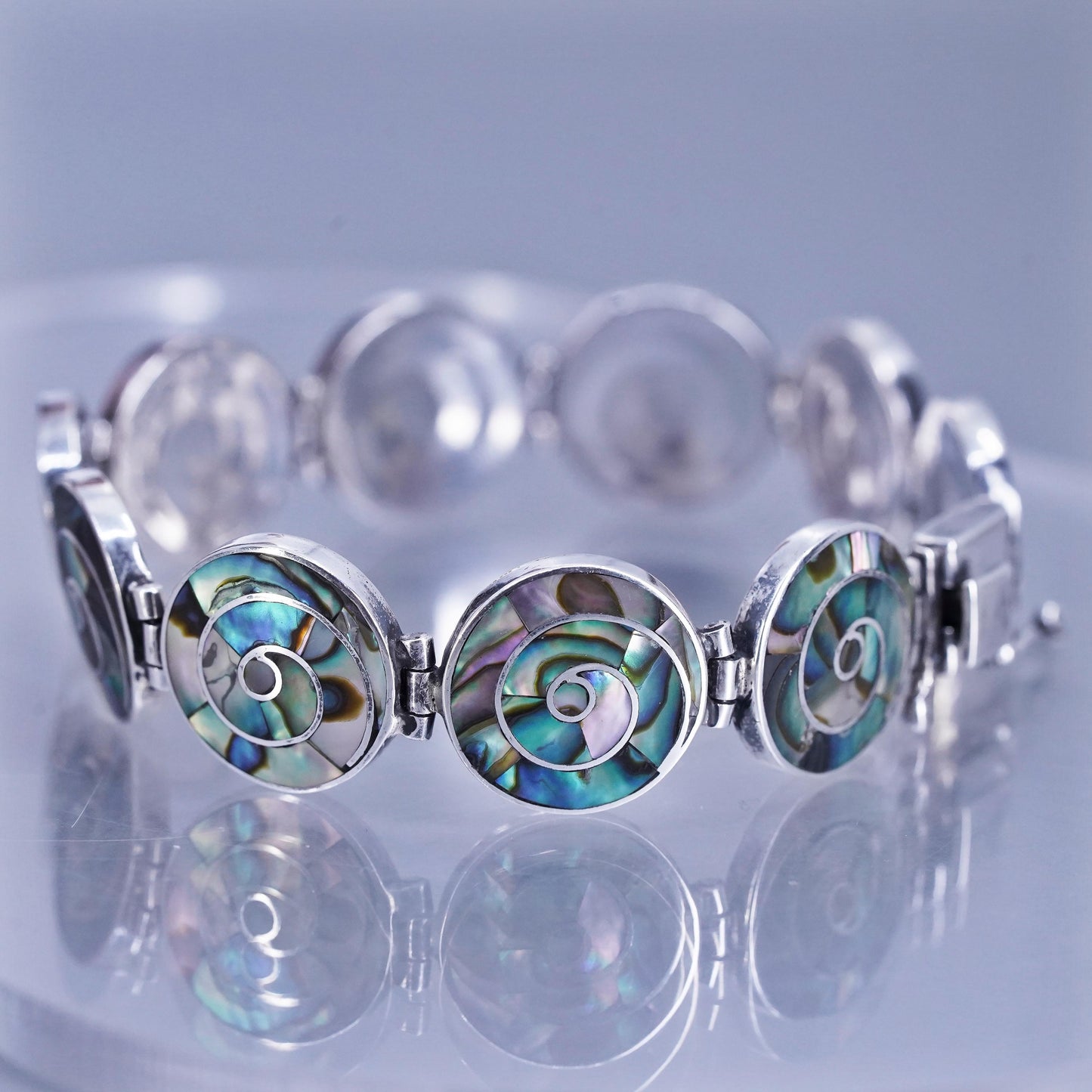 7.5”, VTG Mexican Sterling 950 silver circle link bracelet with abalone inlay