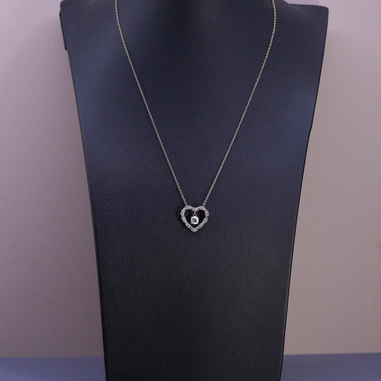 18" rose gold pleated Sterling silver necklace, 925 circle cz heart pendant