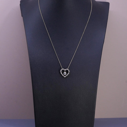 18" rose gold pleated Sterling silver necklace, 925 circle cz heart pendant
