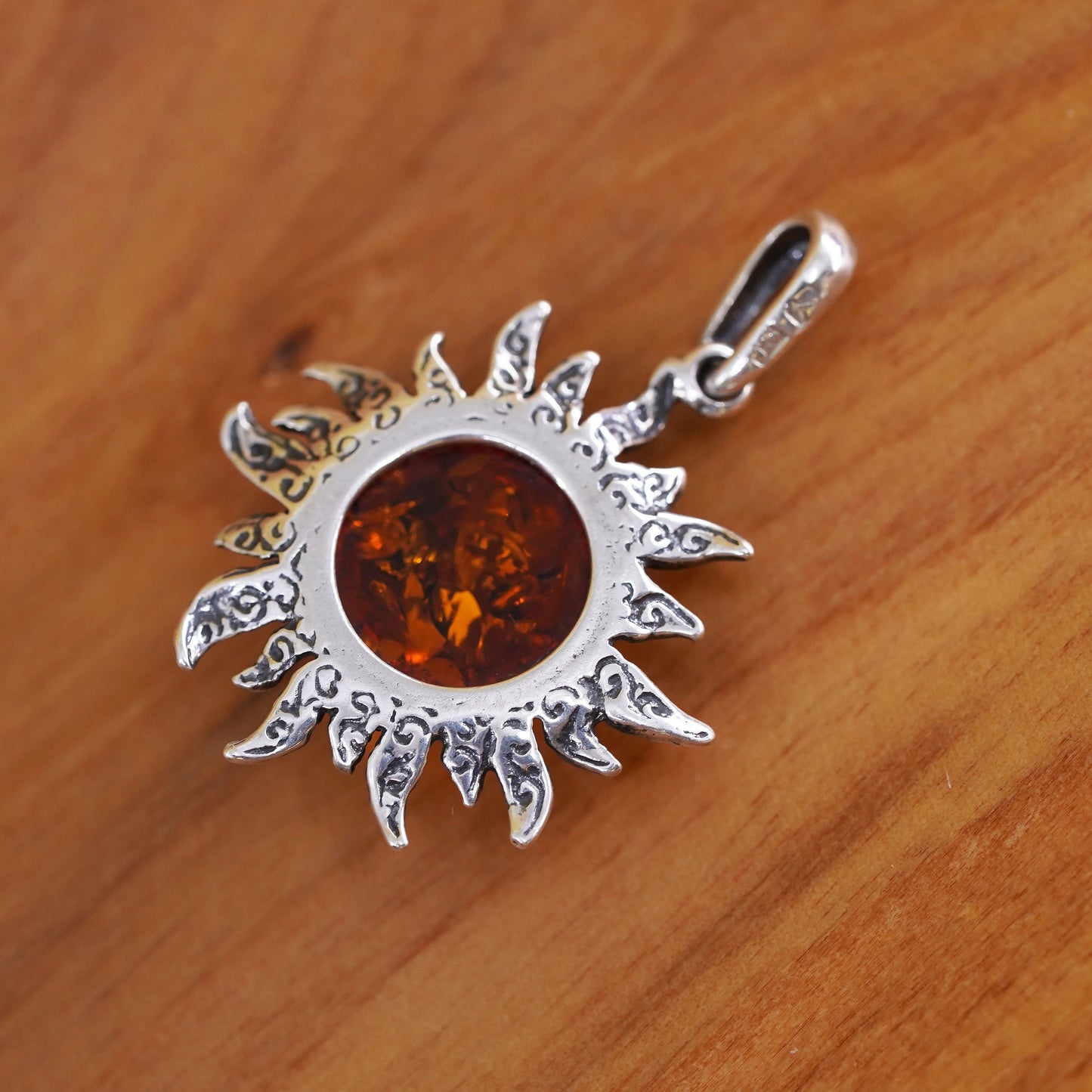 Vintage Sterling 925 silver handmade Sun pendant with Amber