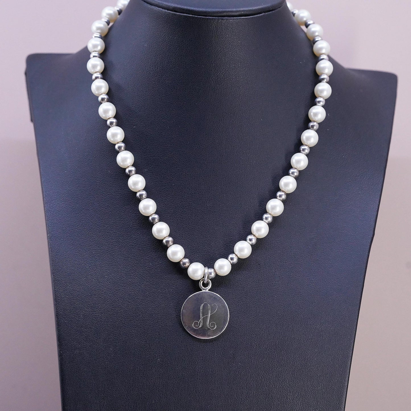 16", vintage sterling 925 Silver necklace with genuine pearl beads tag Letter A