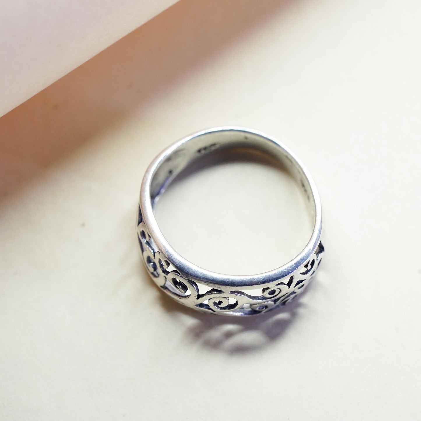 Size 6.5, VTG sterling silver handmade spiral filigree ring, 925 stackable band