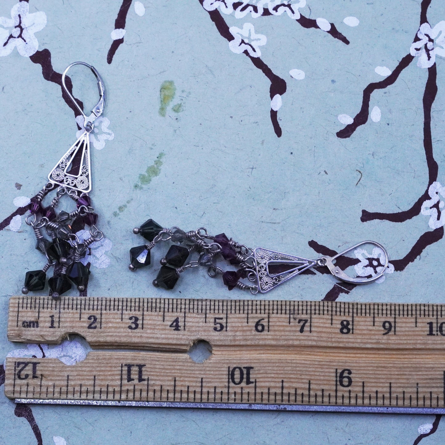 Sterling silver handmade huge earrings, 925 filigree swirly dangles c crystal
