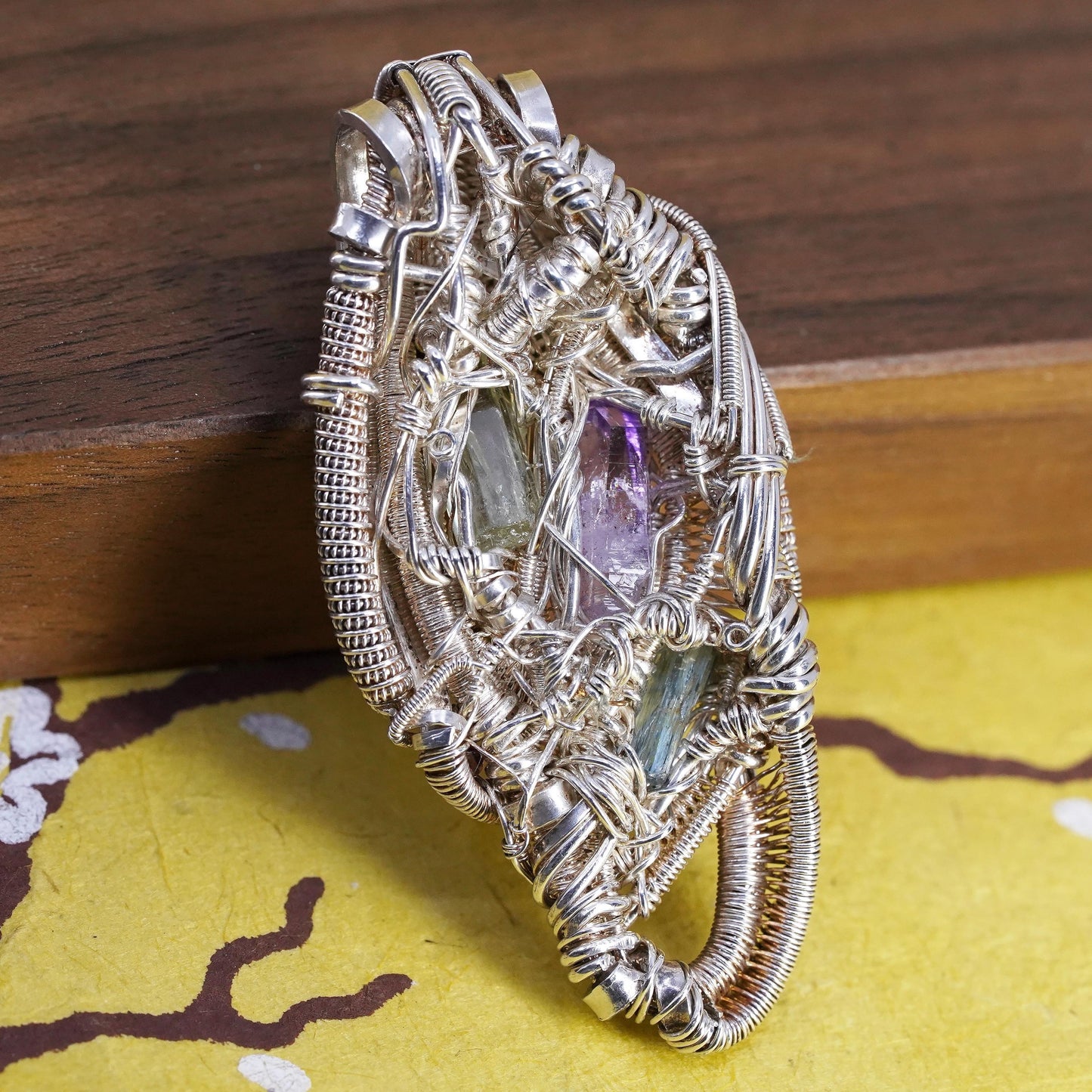 Vintage Sterling silver pendant, 925 wired teardrop with amethyst and peridot