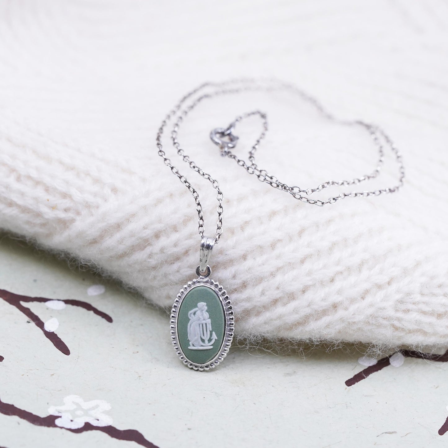 16” English Sterling silver handmade necklace, 925 oval pendant cameo woman