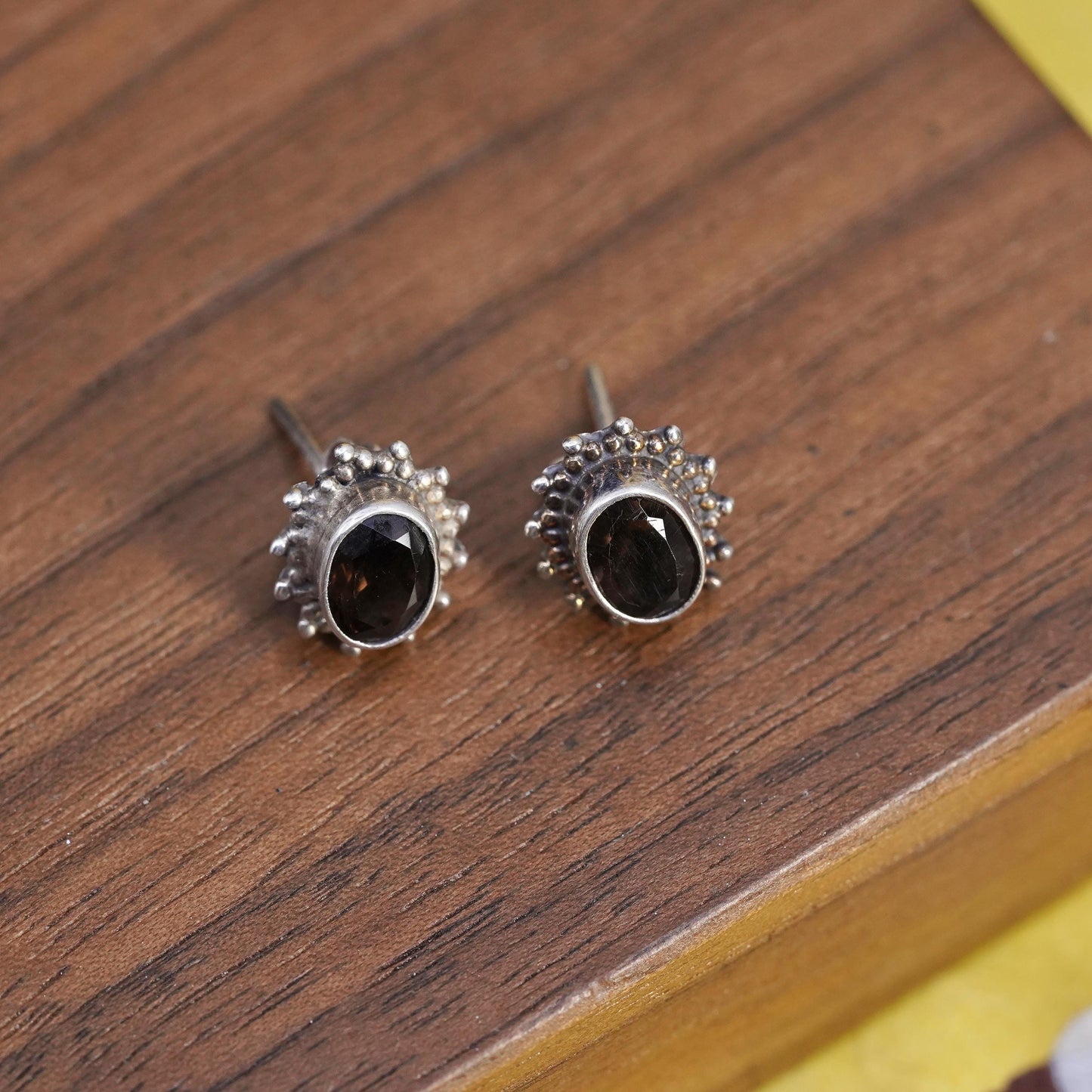 Vintage Sterling 925 silver handmade oval studs earrings smoky quartz and beads