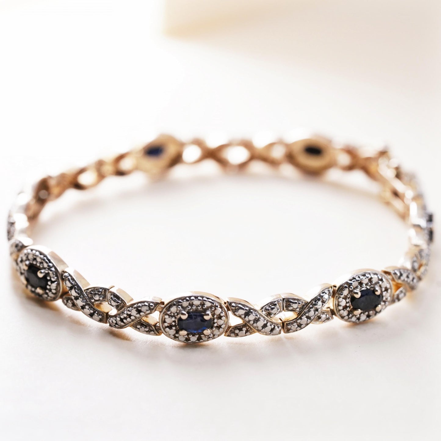 7.25”, vermeil gold sterling silver tennis bracelet, 925 oval sapphire diamond
