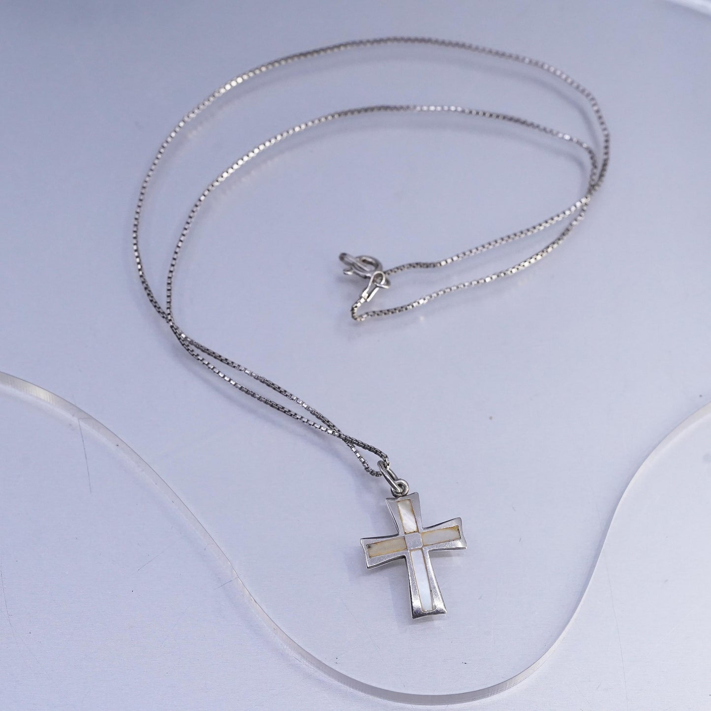 16" 1mm, vintage Sterling 925 silver box necklace mother of pearl cross pendant