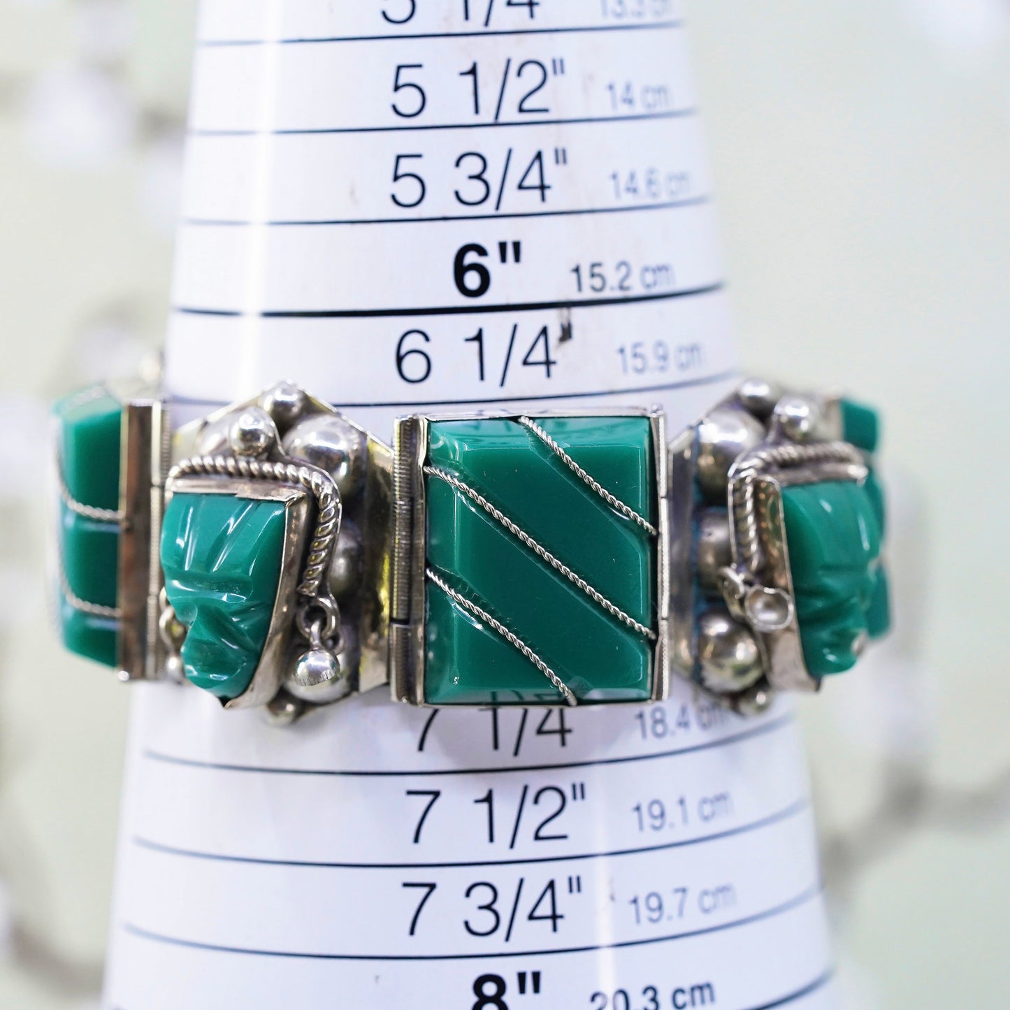 6.25", taxco vintage sterling silver bracelet, 925 cuff warrior face jade