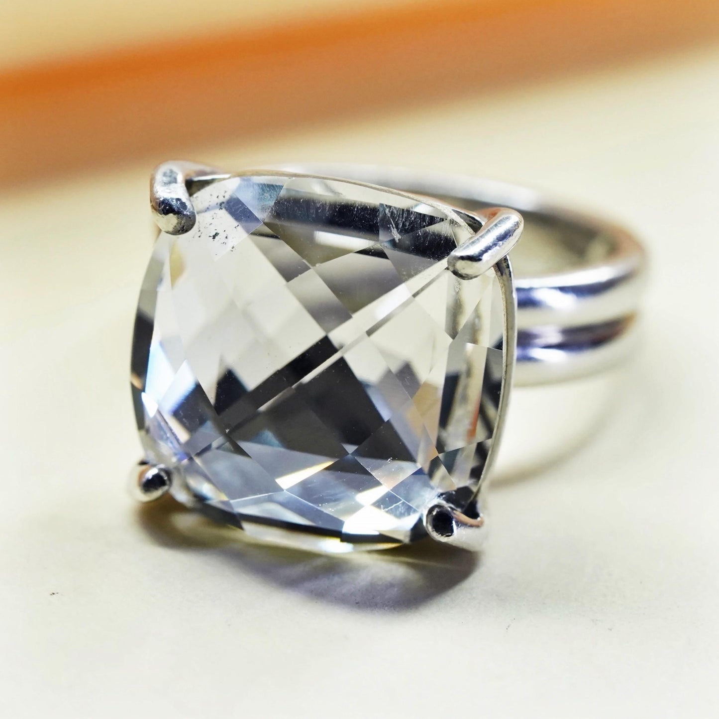 Size 8.25, Vintage Sterling 925 silver statement ring with cushion cut cz