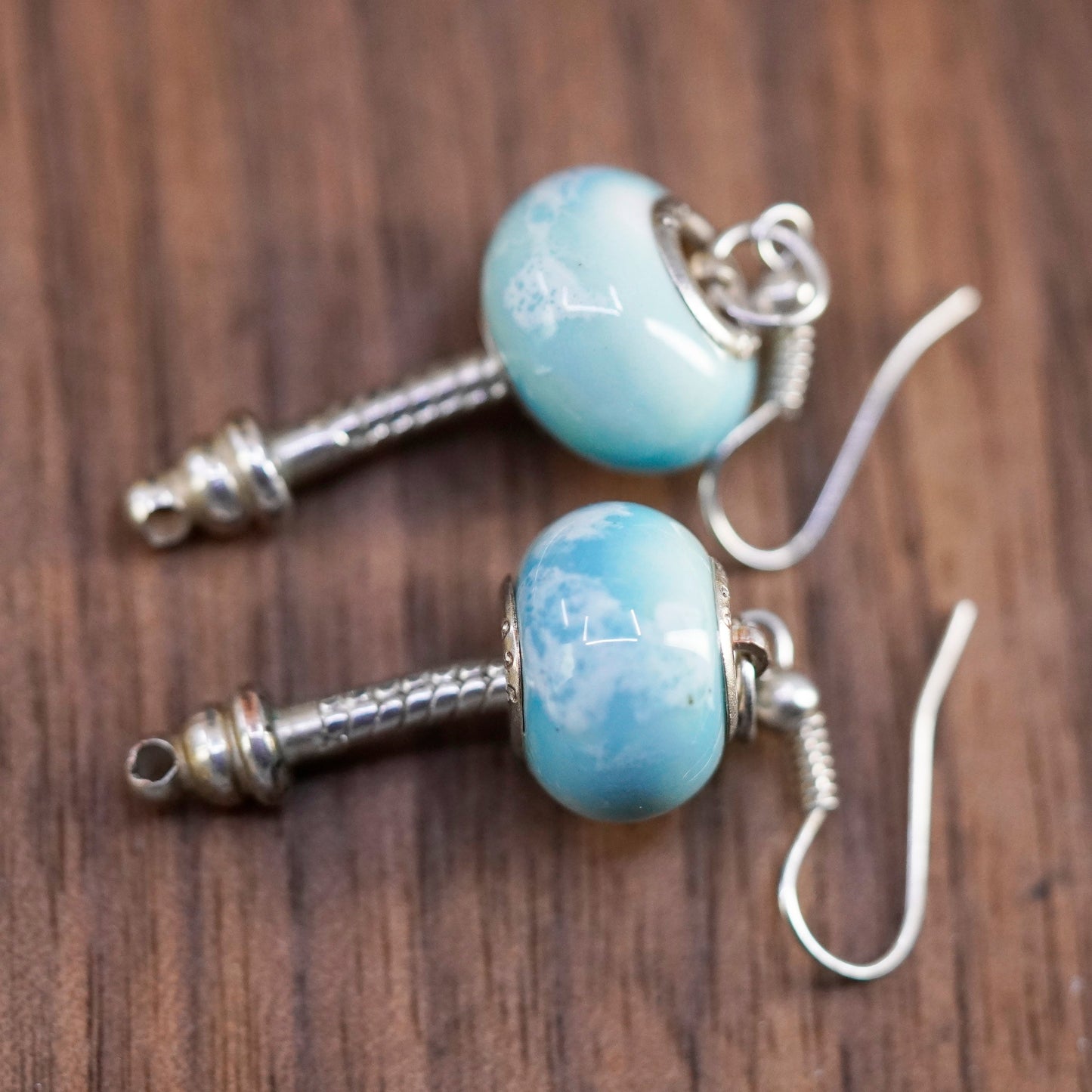 Vintage Sterling silver handmade earrings, 925 blue glass beads