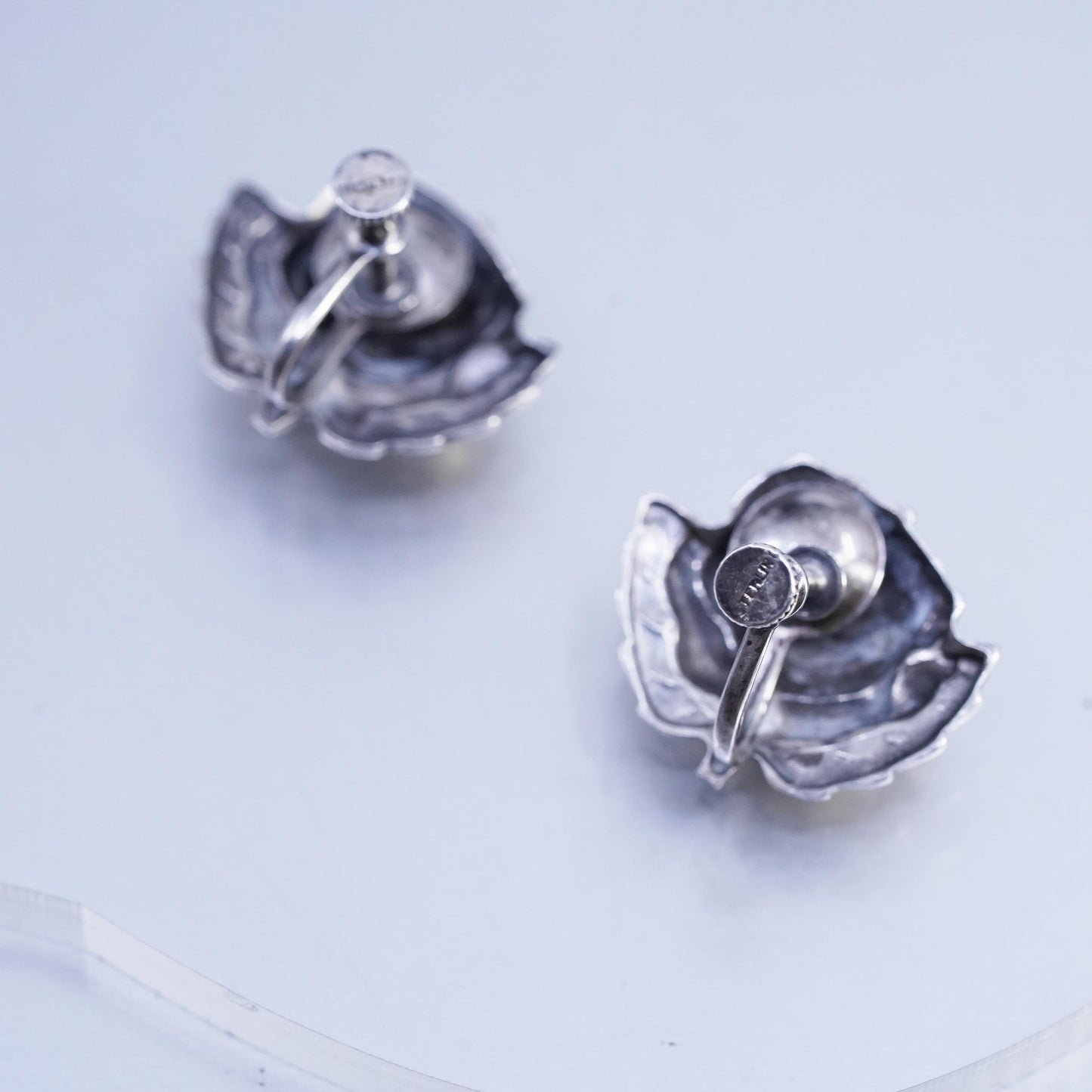 Vintage Sterling 925 silver handmade earrings, flower rose screw back flower