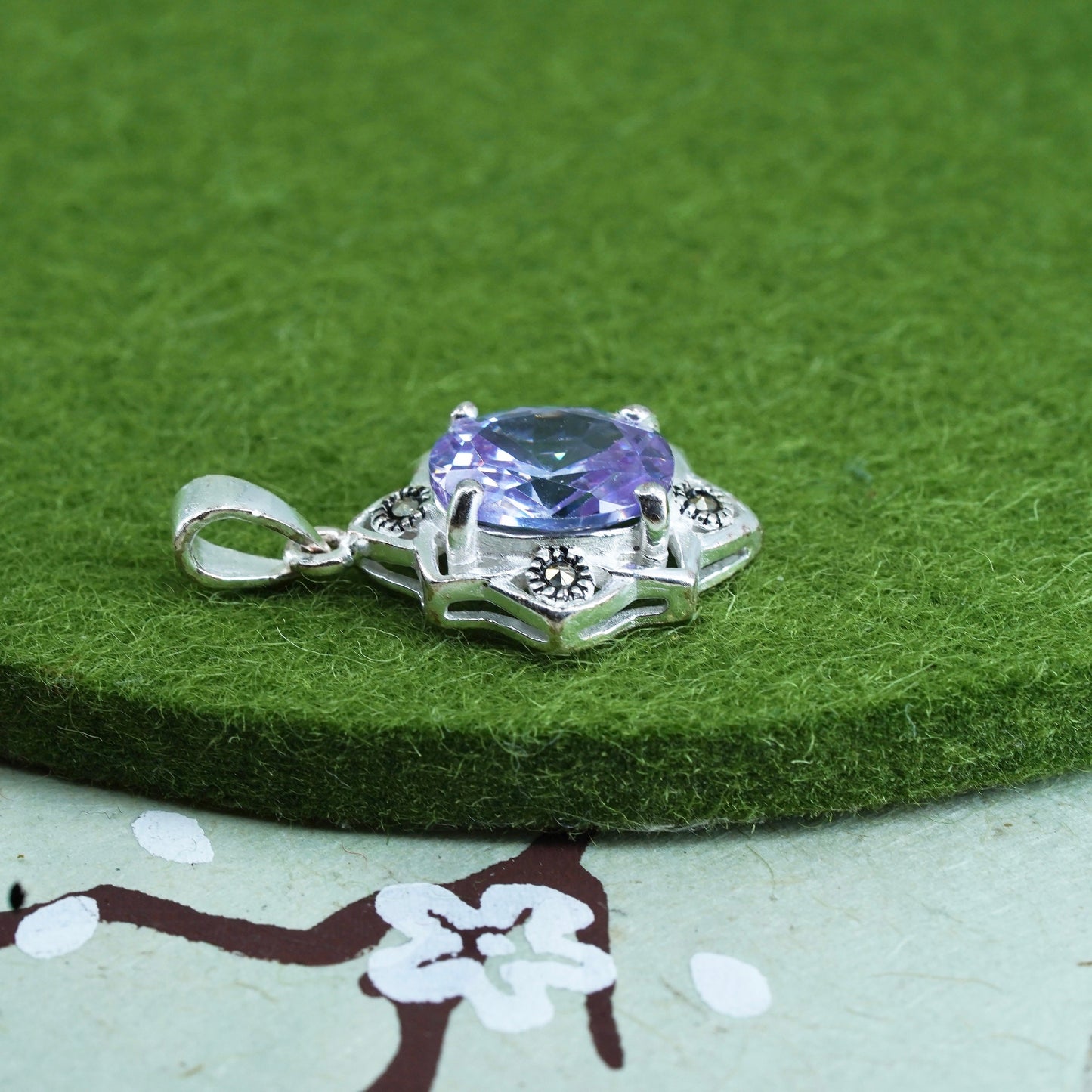 Sterling silver handmade pendant, 925 teardrop with amethyst and marcasite