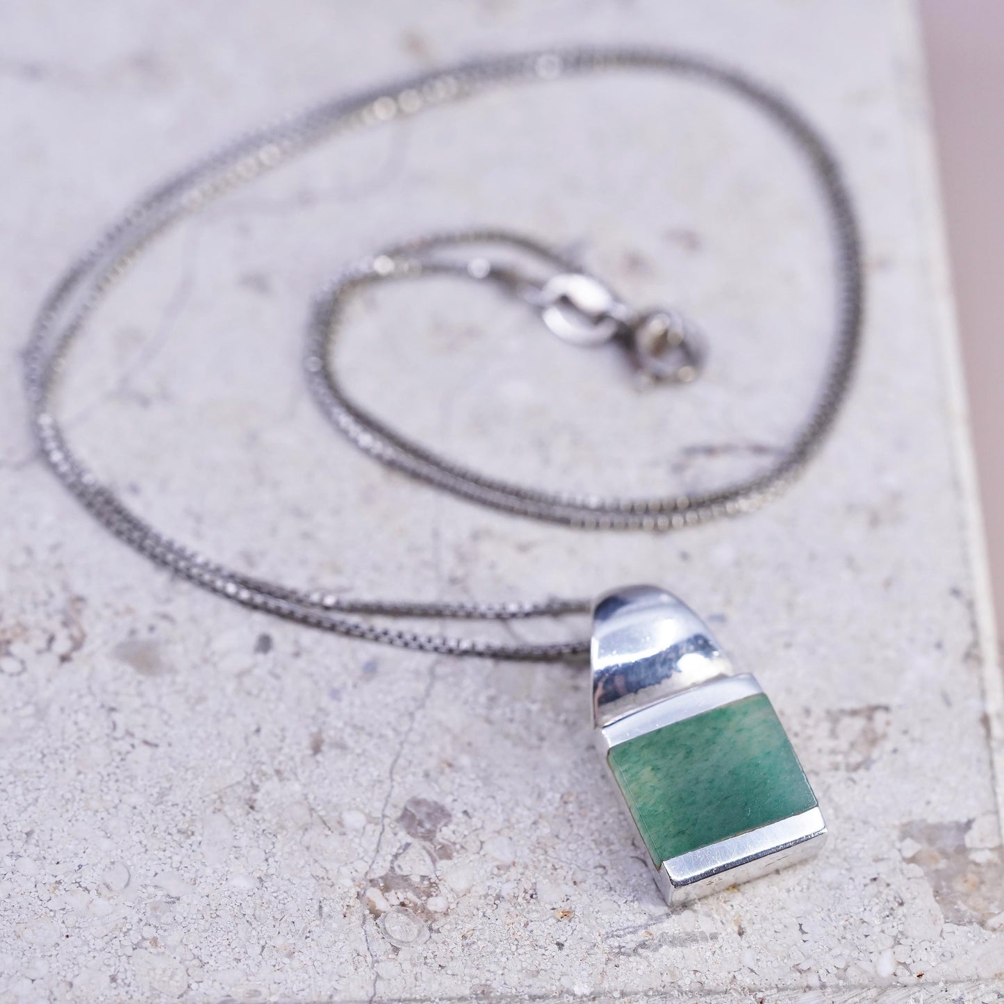 18", VTG Sterling silver handmade necklace, 925 box chain square jade pendant