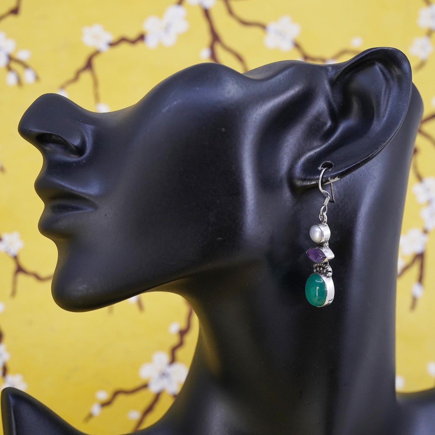 Vintage Sterling silver earrings, southwestern 925 dangles pearl jade amethyst