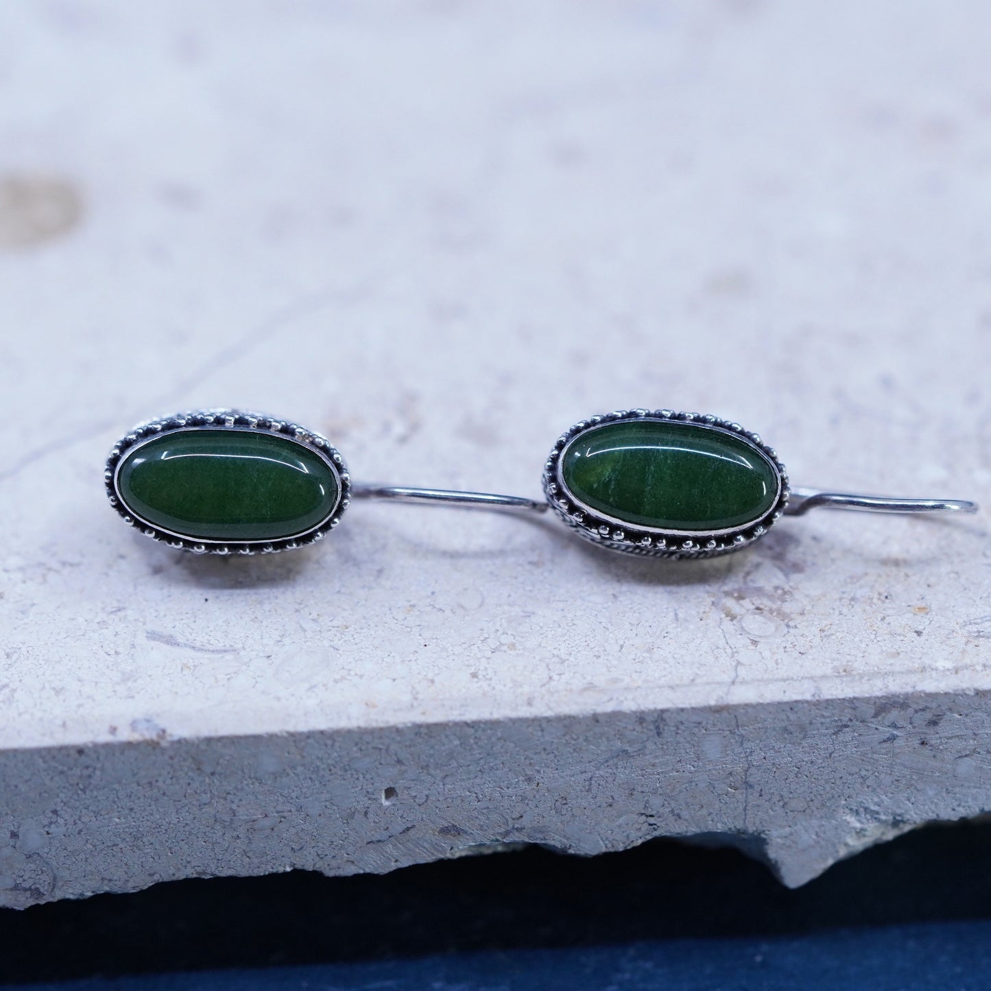 Vintage Sterling 925 silver handmade bali earrings with oval jade