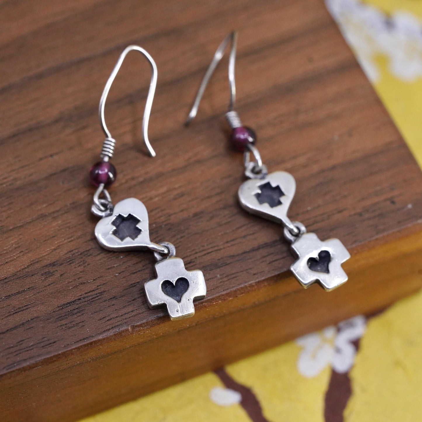 vintage handmade sterling silver earrings, 925 heart cross shaped dangles