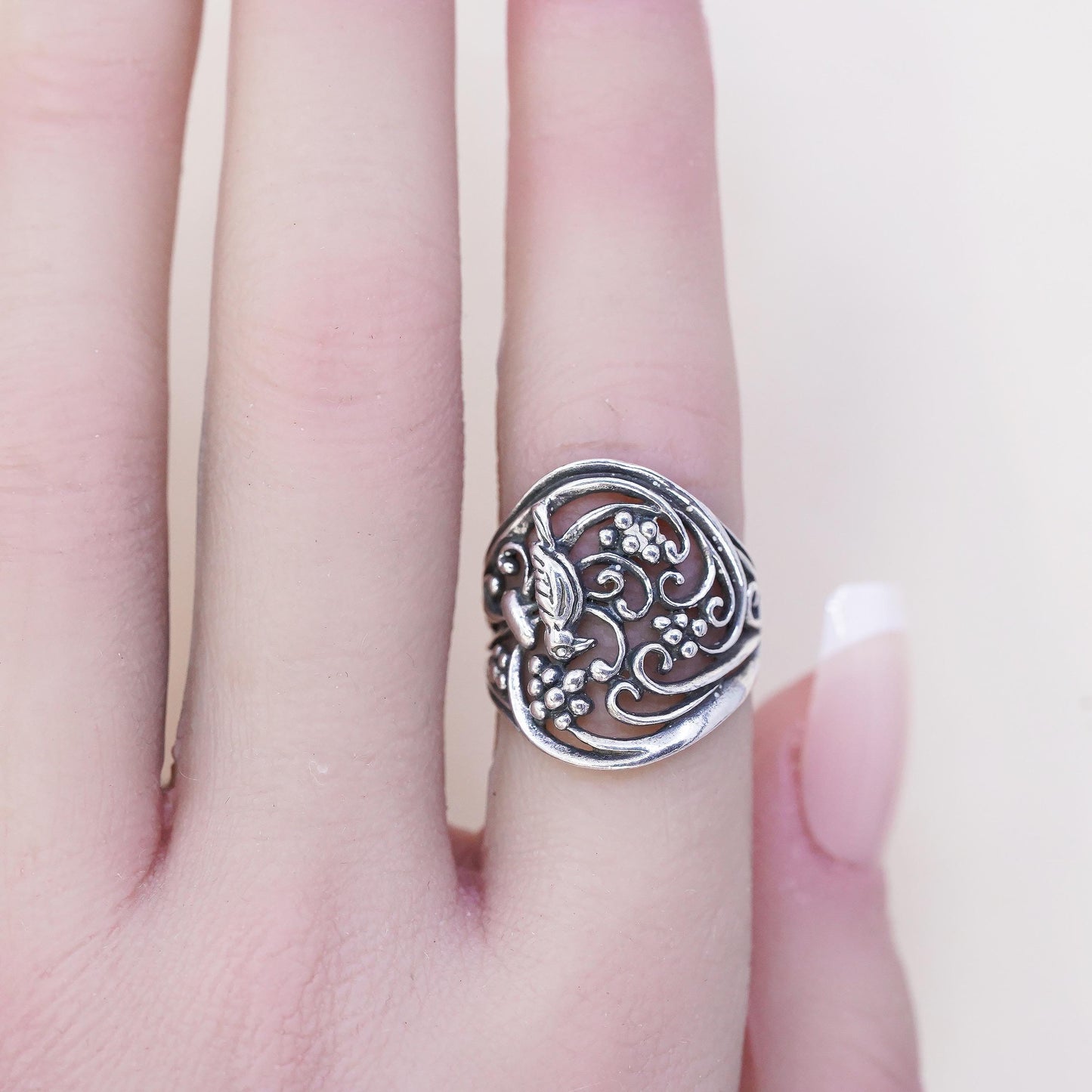 Size 7, VTG sterling silver handmade ring, 925 whirl filigree band bird flower