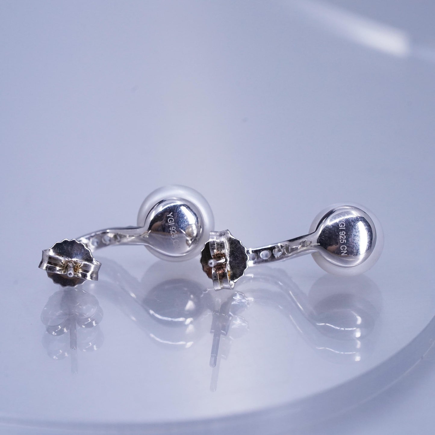 Vintage Sterling 925 silver handmade earrings, studs with 10mm pearl and cz
