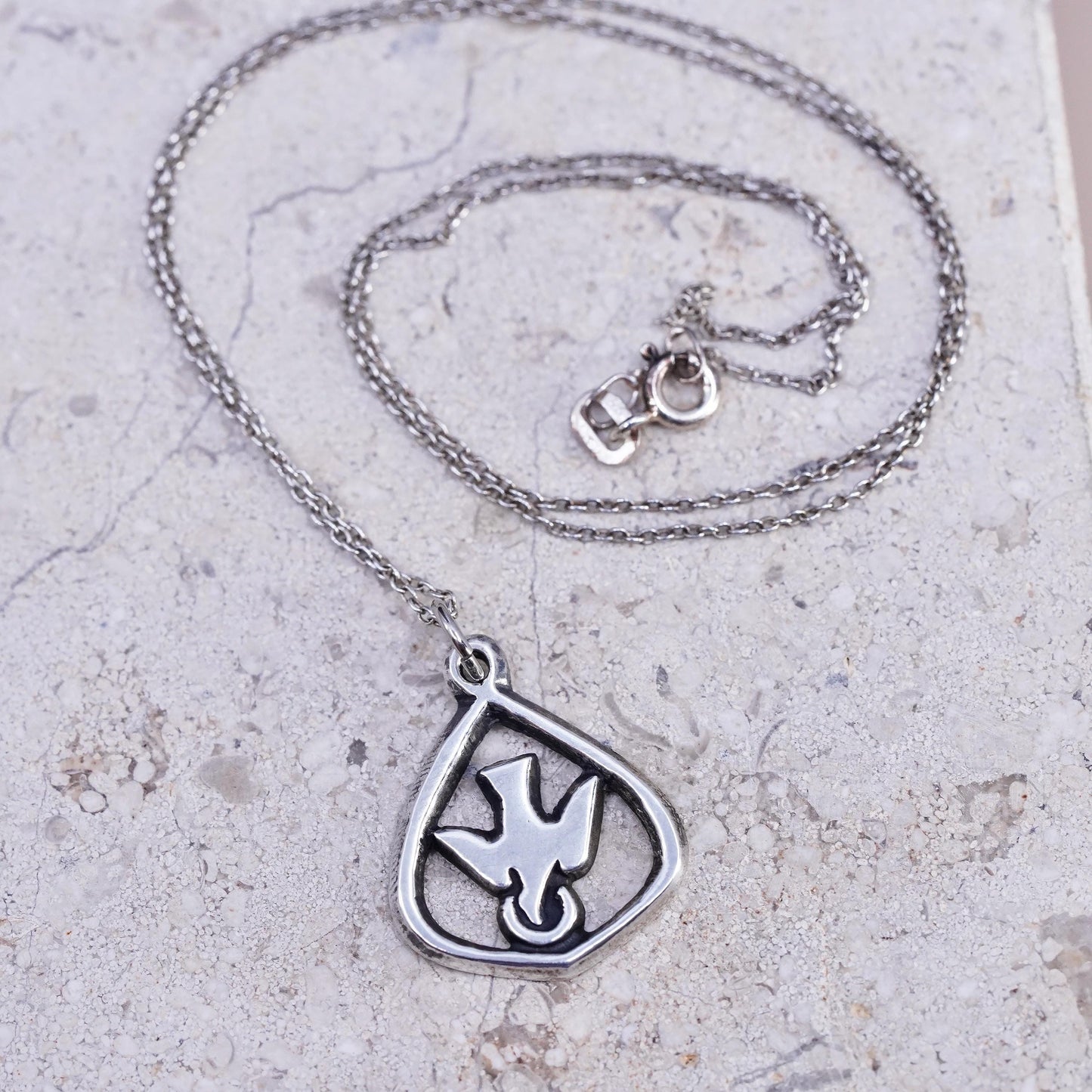 18" Sterling silver handmade necklace, 925 circle chain peace bird dove pendant