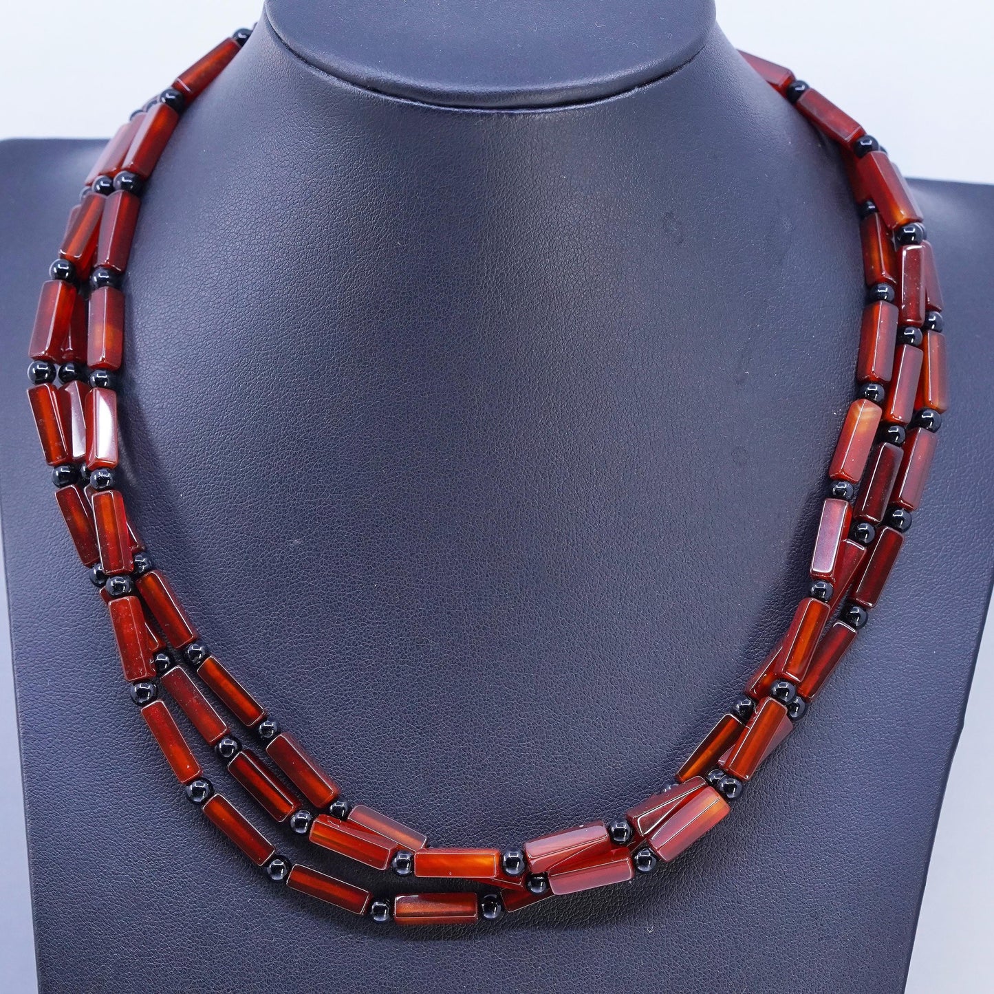 18" Sterling 925 Silver Multi Strands carnelian tube Necklace black onyx beads
