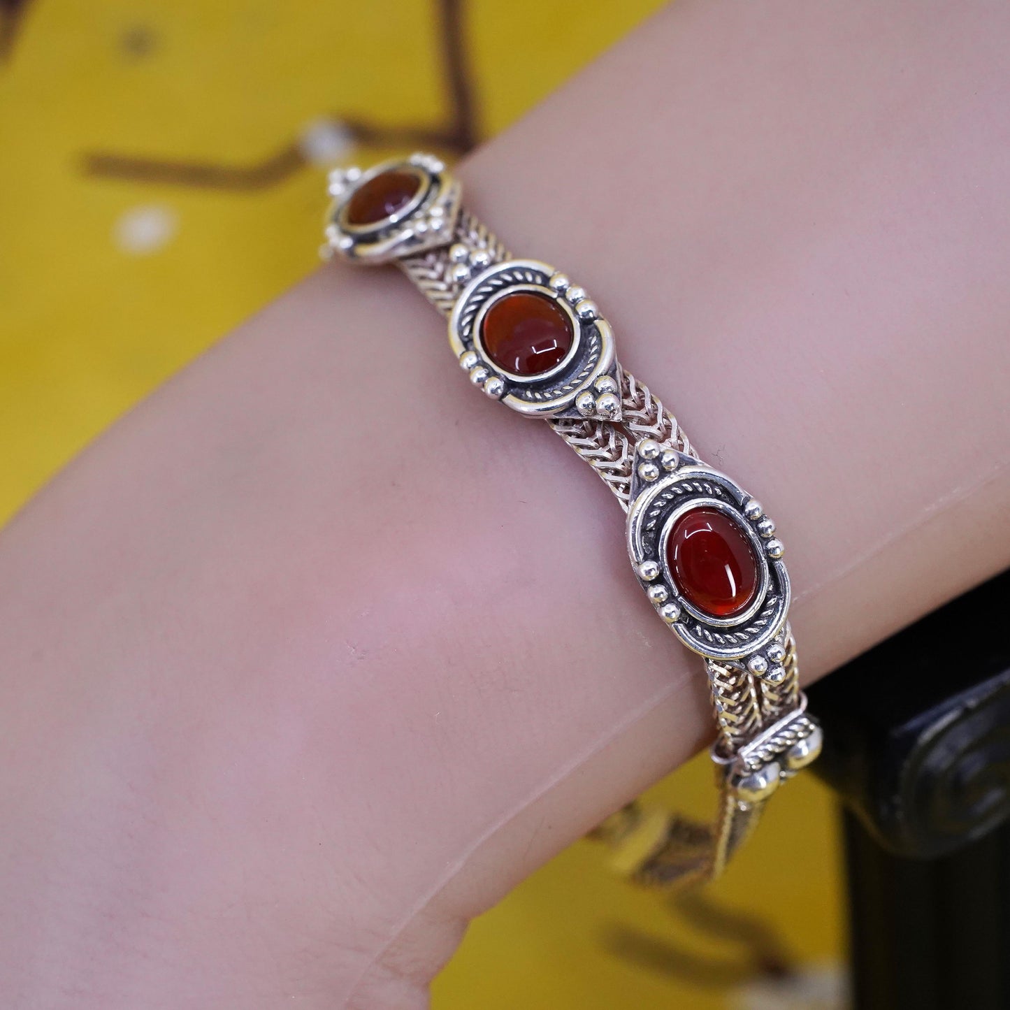 7”, VTG sterling silver bracelet, multi strands 925 wheat chain oval carnelian