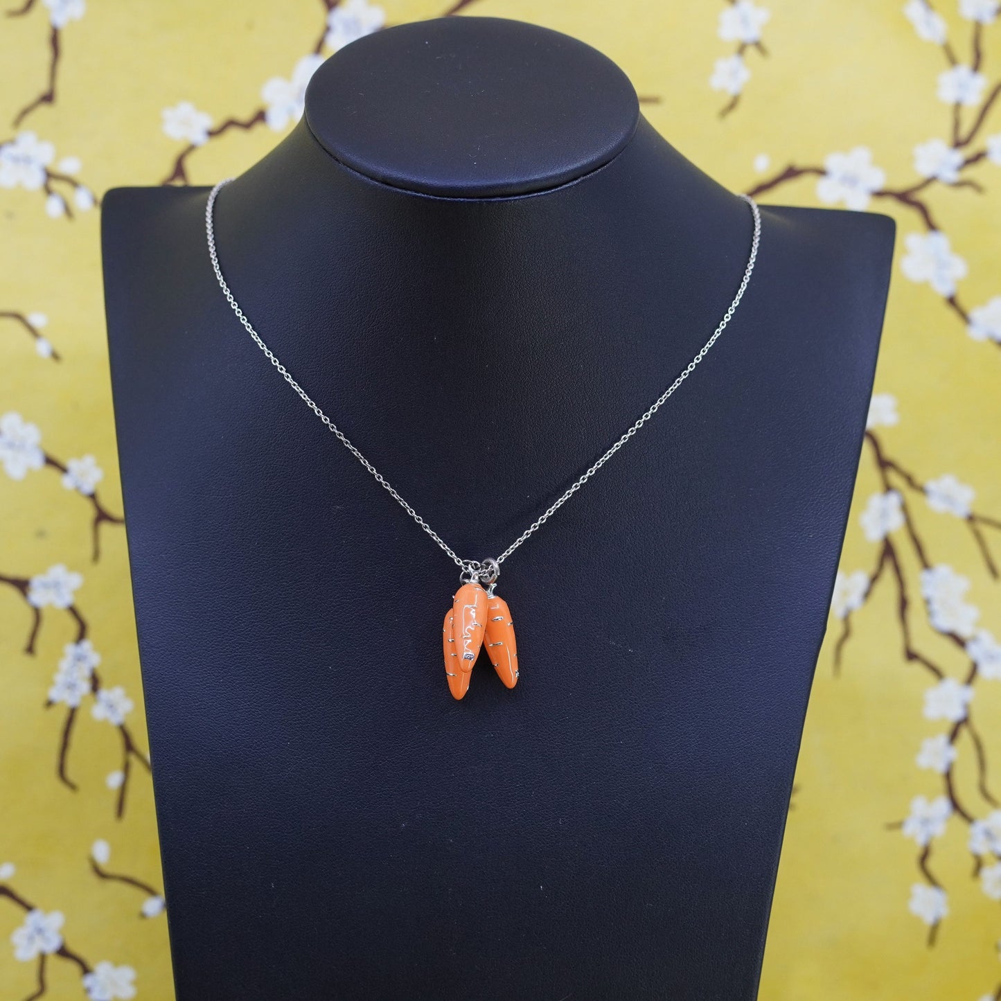 24”, sterling silver handmade necklace, 925 circle chain enamel carrots pendant