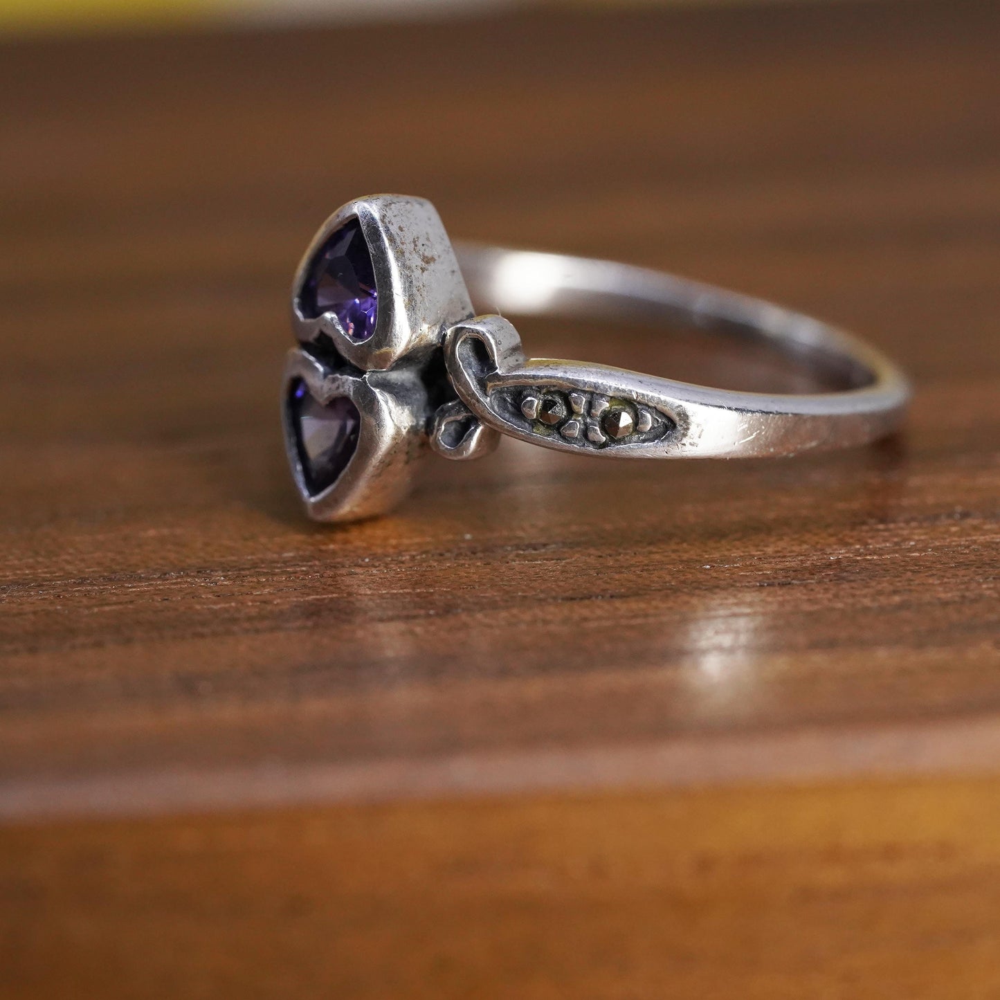 Size 7.25, vintage Sterling silver handmade ring, 925 band with heart amethyst