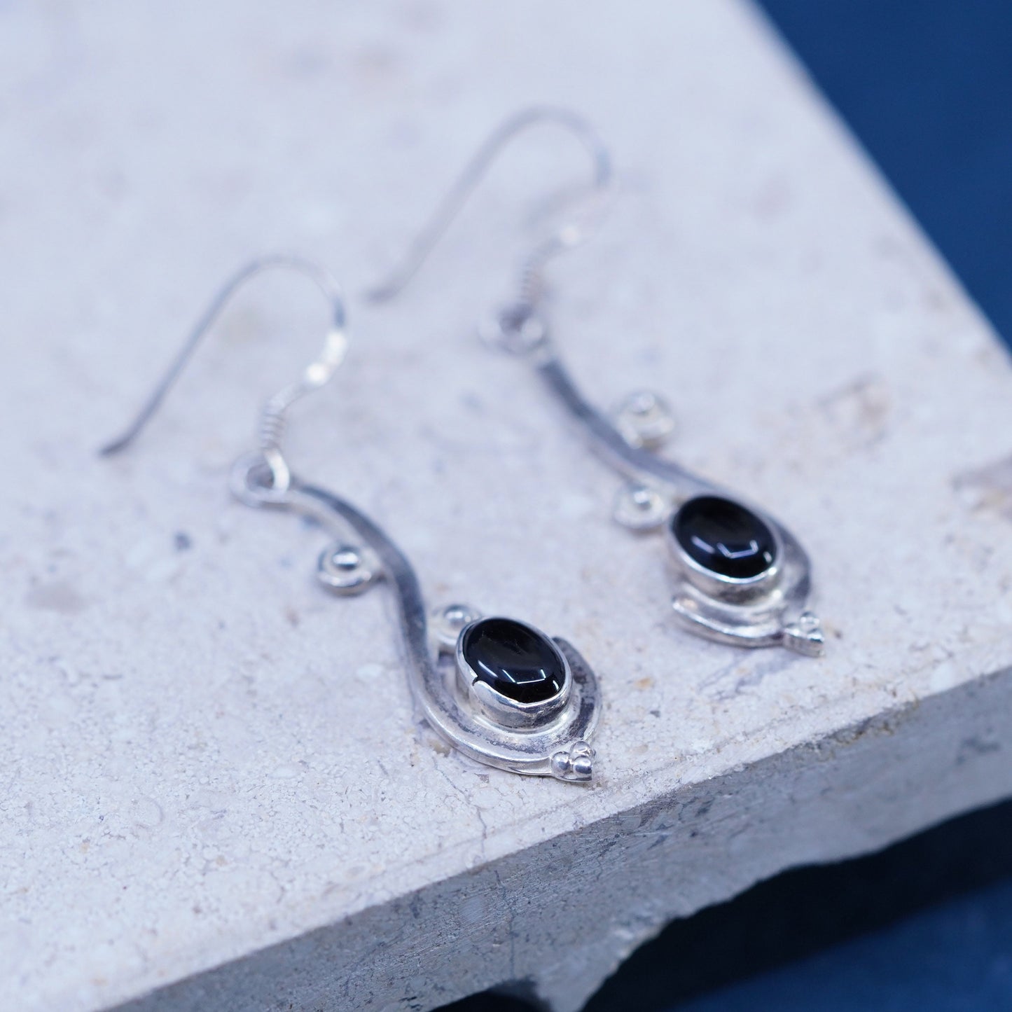 Vintage Sterling Silver 925 earrings with Black Onyx with beads