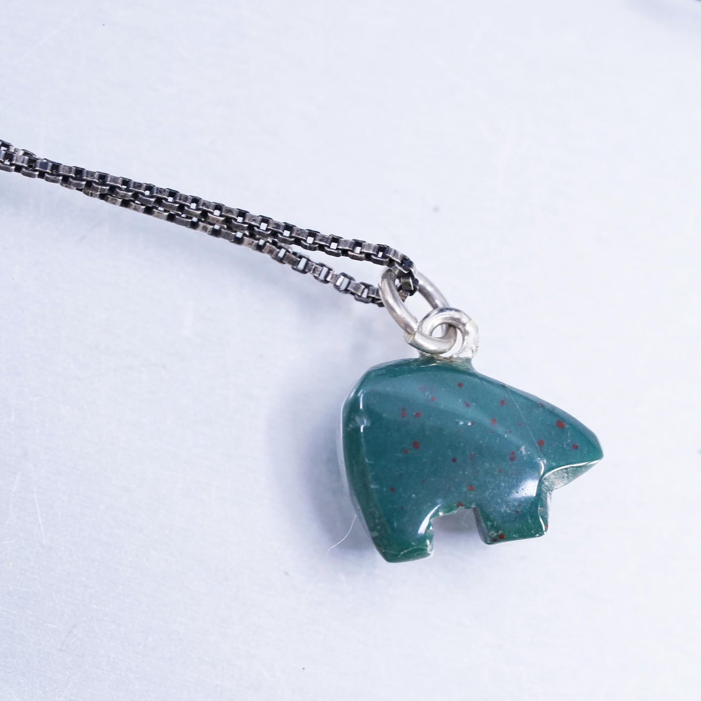 19", VTG Sterling 925 silver box Chain Necklace bloodstone polar bear Pendant