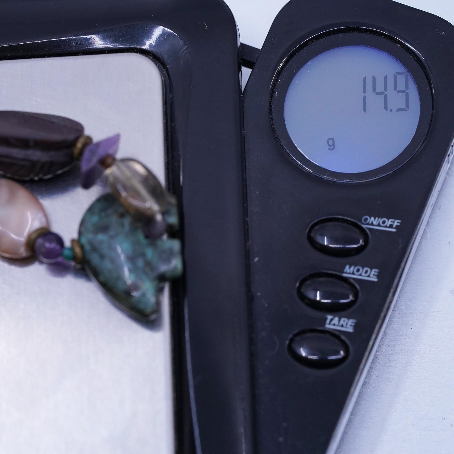 7.5", southwestern bracelet with curved turquoise bear, turtle moss agate shell
